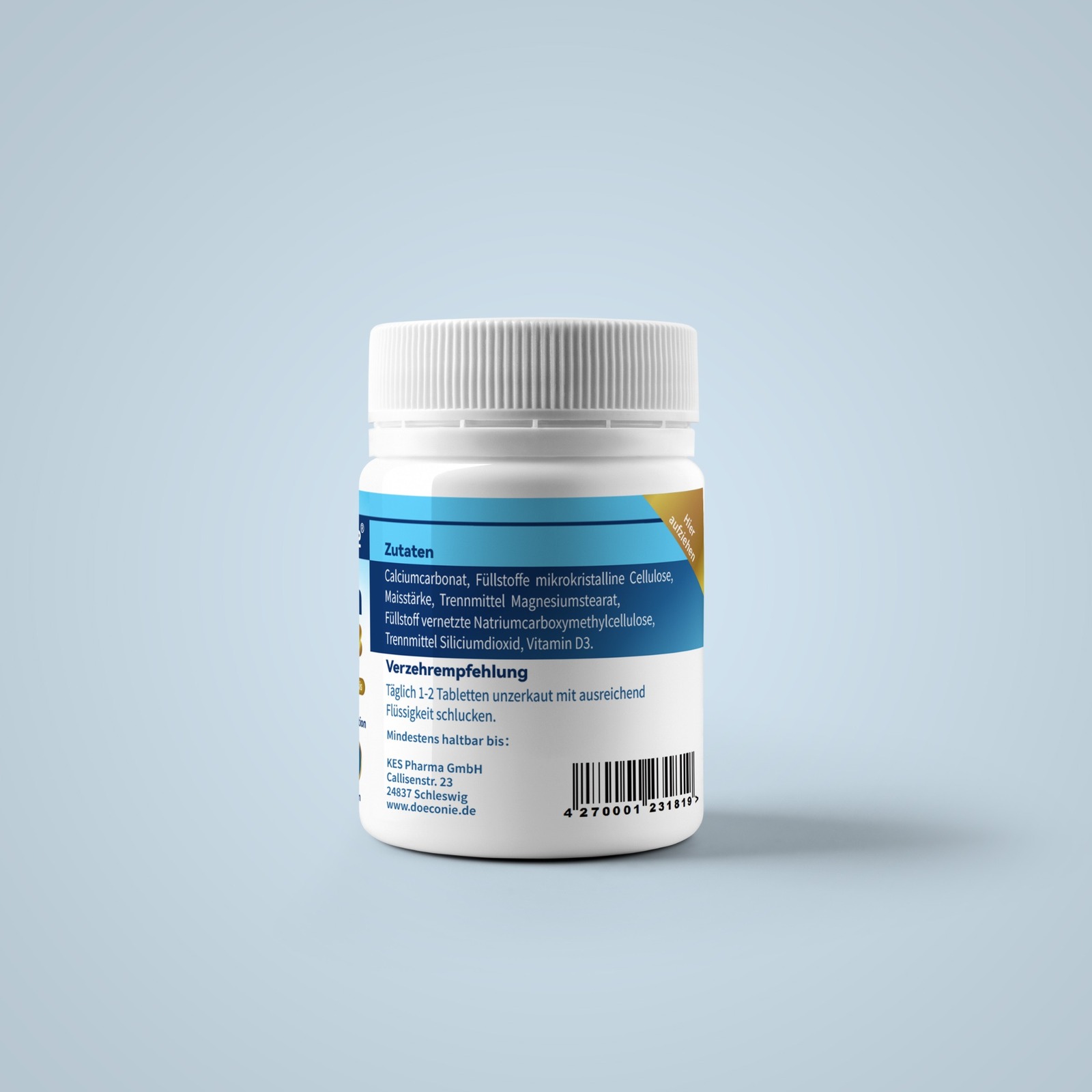 Rückseite der Döconie Calcium + Vitamin D3 Verpackung mit Zutaten und Barcode